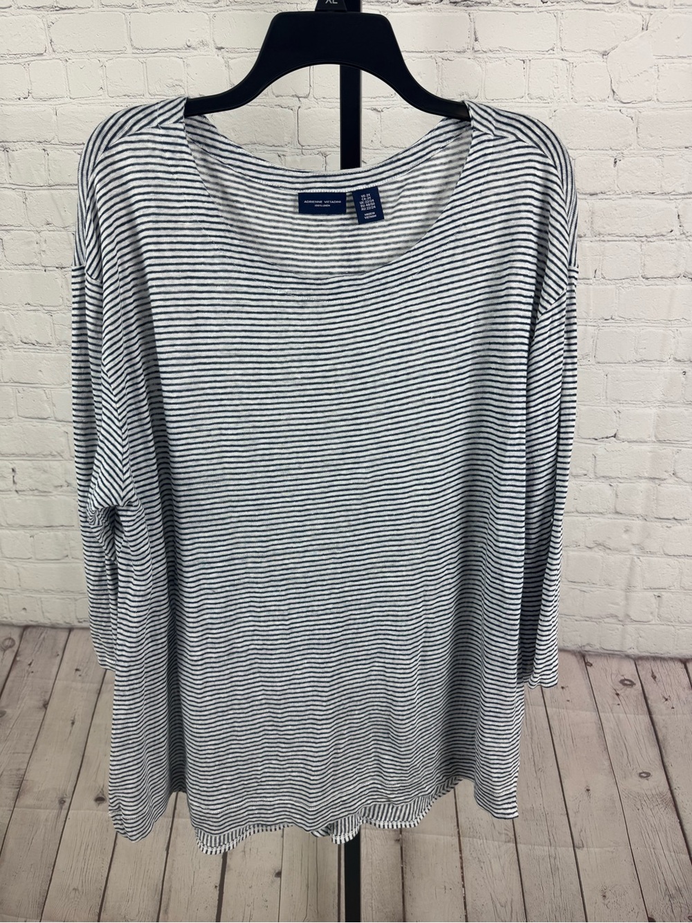 Adrienne Vittadini 100% Linen Navy White Mixed Striped 3/4 Sleeve Top Size 2X
